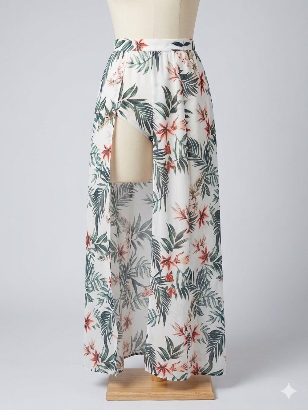 Tropical Palm Print Double-Slit Maxi Skirt with Built-in Bodysuit (XXL)